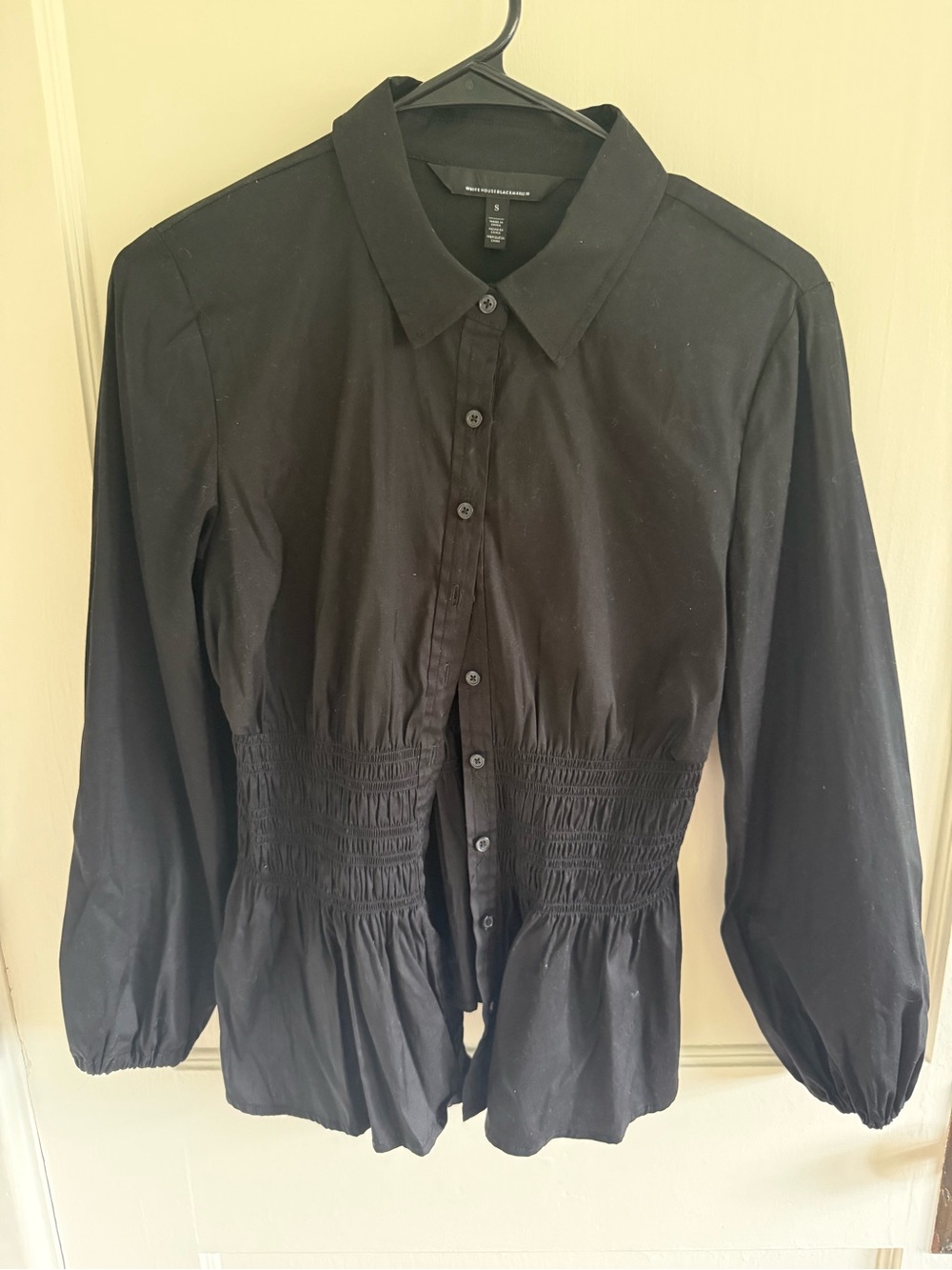 Black Smocked Waist Button-Front Blouse